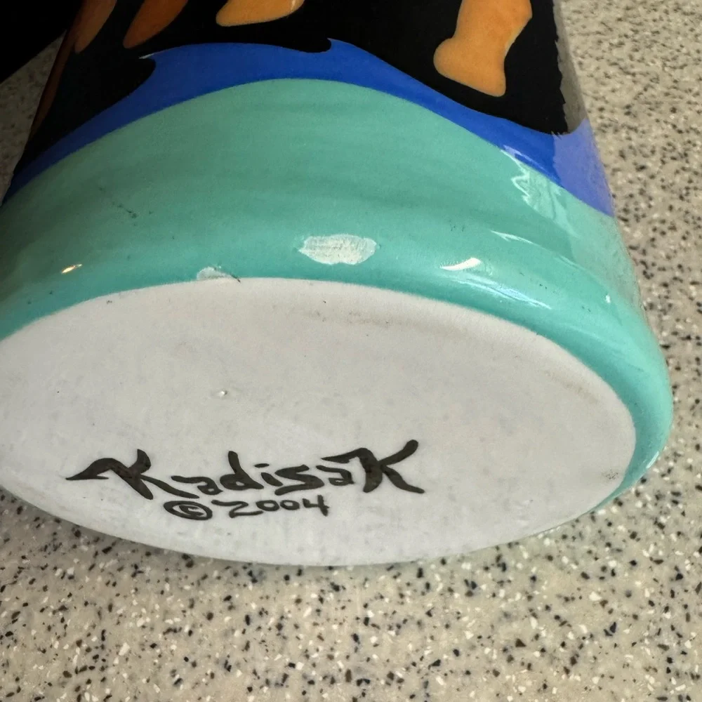 Vintage 15”Tall Signed Celestial Kadisak blue + green Wilderkind glazed vase.